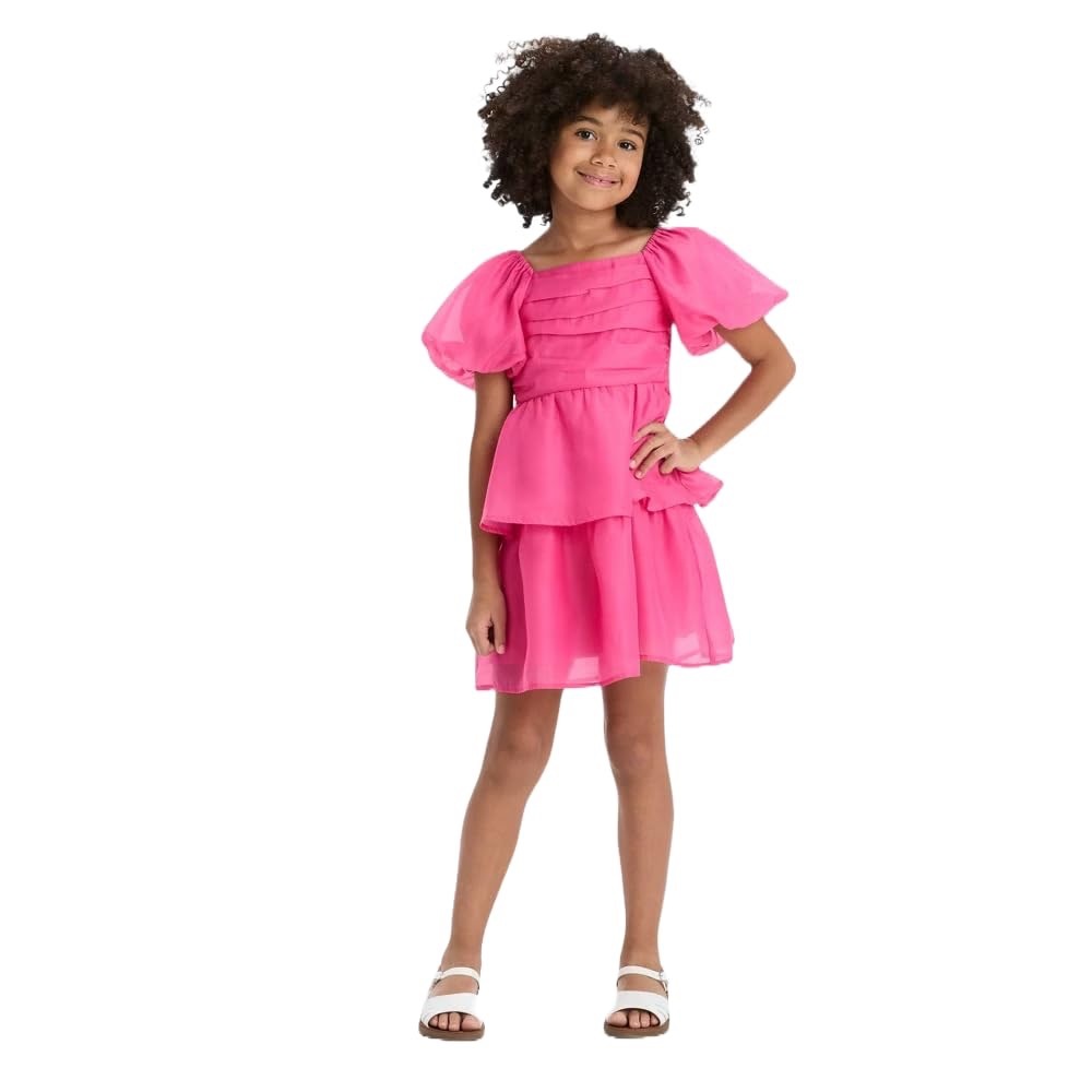 Charming Cat & Jack Fuchsia Pink Puff Sleeve Kids Dress Girls Size M (8) NWOT